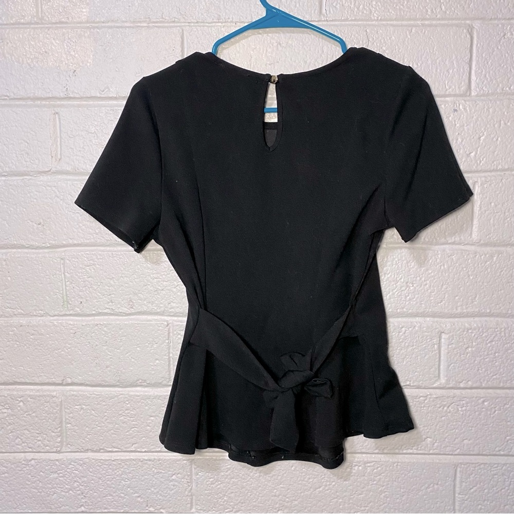 Iris Black Fitted Dress Shirt Bow Tie Back Cutout Back Stretchy High Neck Crew